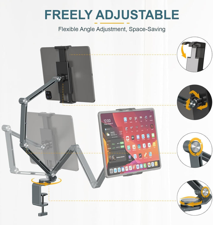 Modern silver aluminum stand for tablets & phones, 360° rotation, essential desk accessory