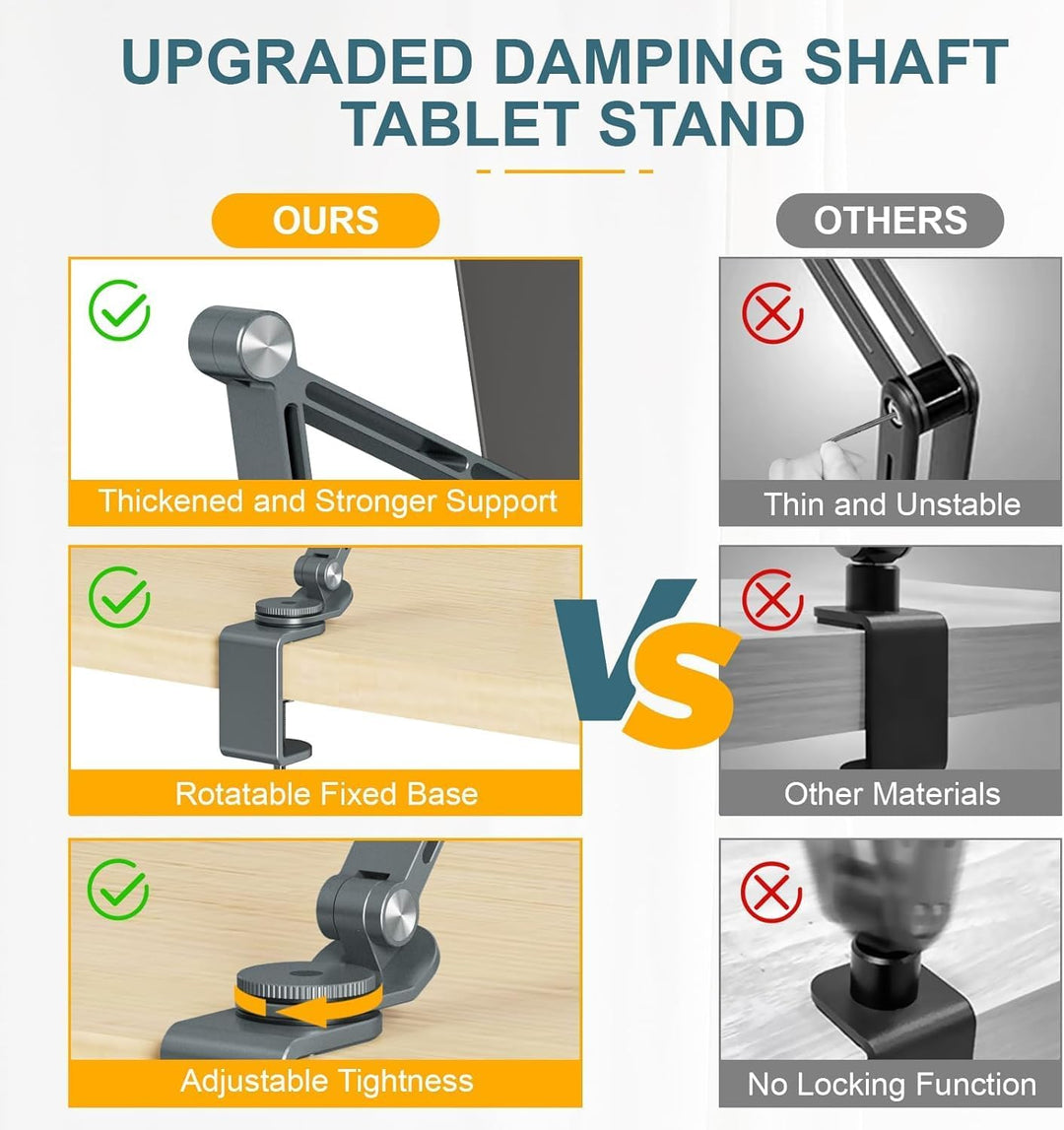 Adjustable Movaro tablet holder, 360° swivel, anti-slip pads for device protection