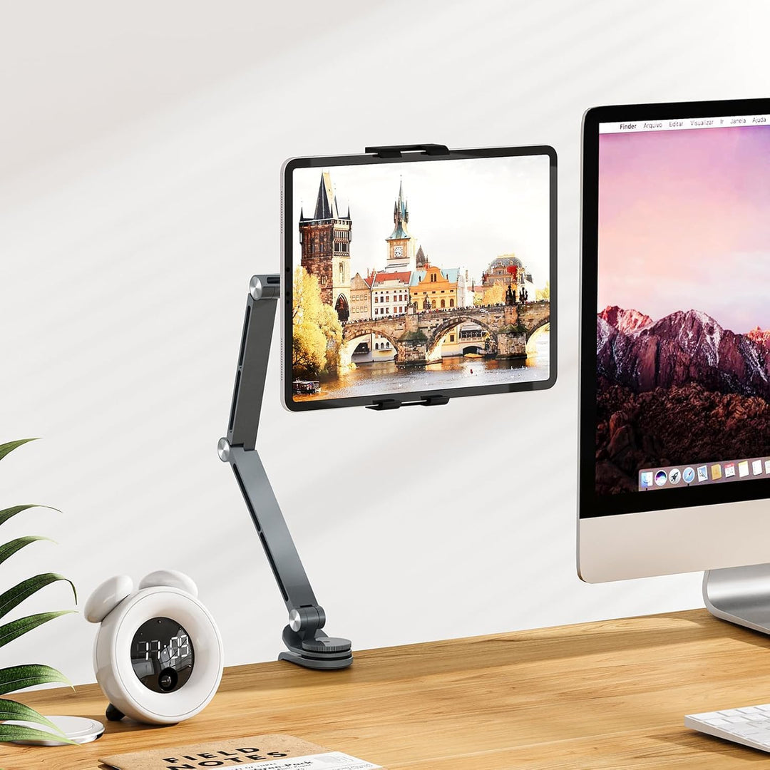 Portable and adjustable tablet desk stand with 360° rotation, made from high-quality aluminum