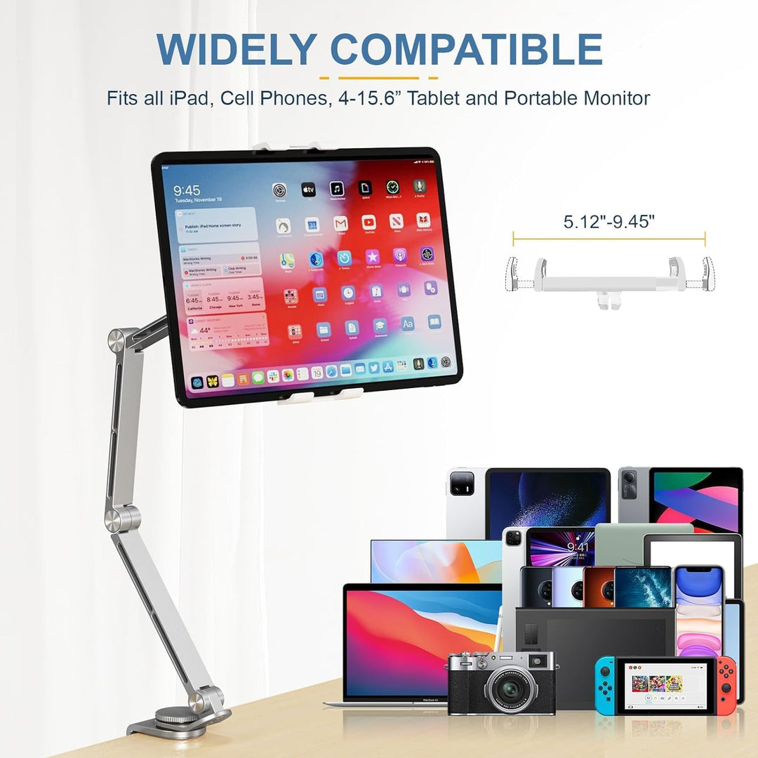 Movaro adjustable tablet and phone stand, 360-degree rotating base, ergonomic desk accessory