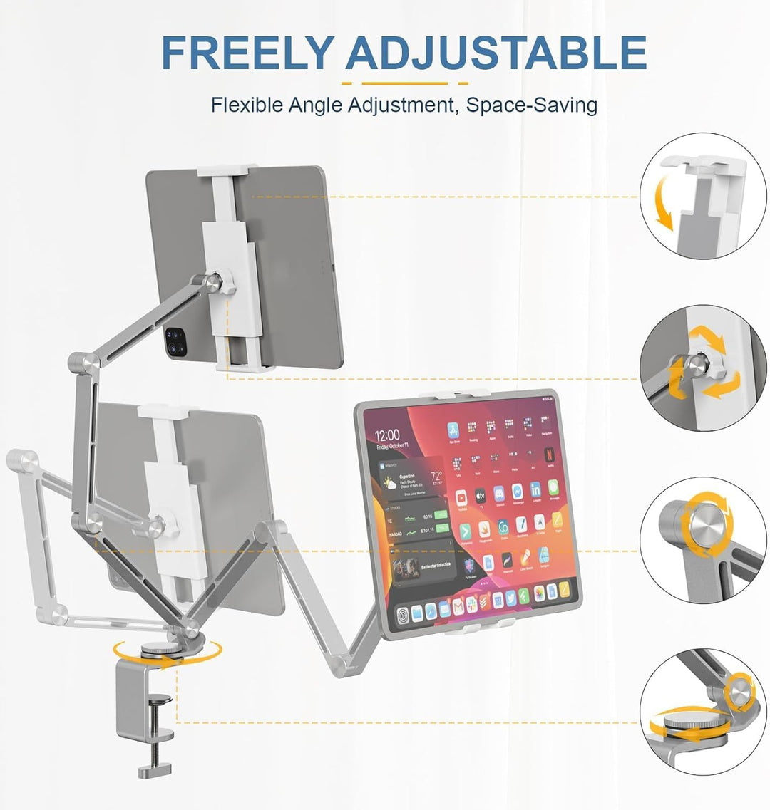 Silver aluminum tablet stand, adjustable height & angle, perfect for desk or home office