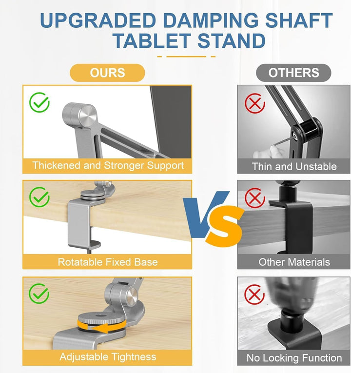 Portable aluminum tablet desk stand with 360° rotation, holds phones and tablets securely