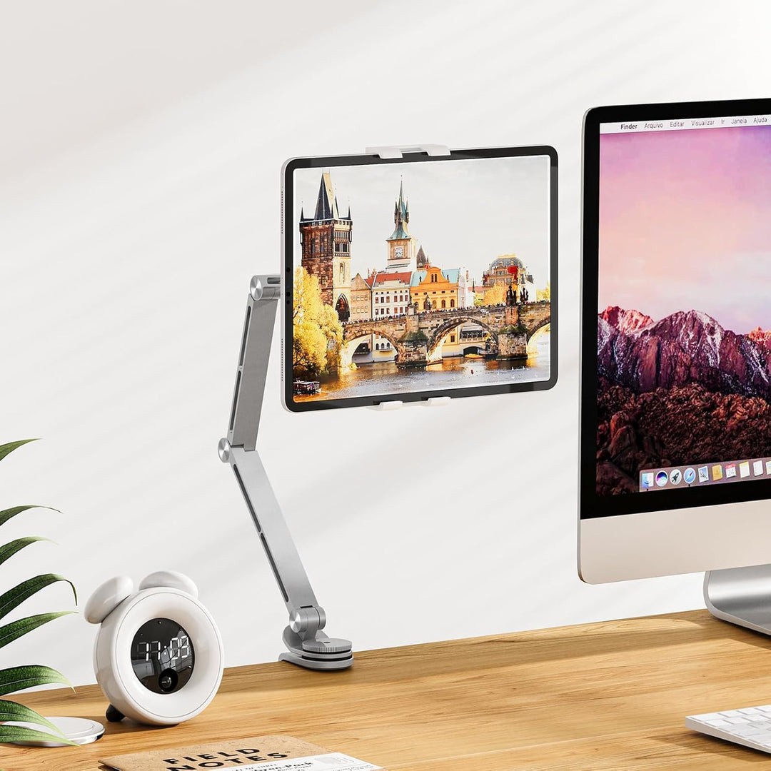 Sleek silver tablet desk stand, 360° swivel, ideal for video calls and content creation