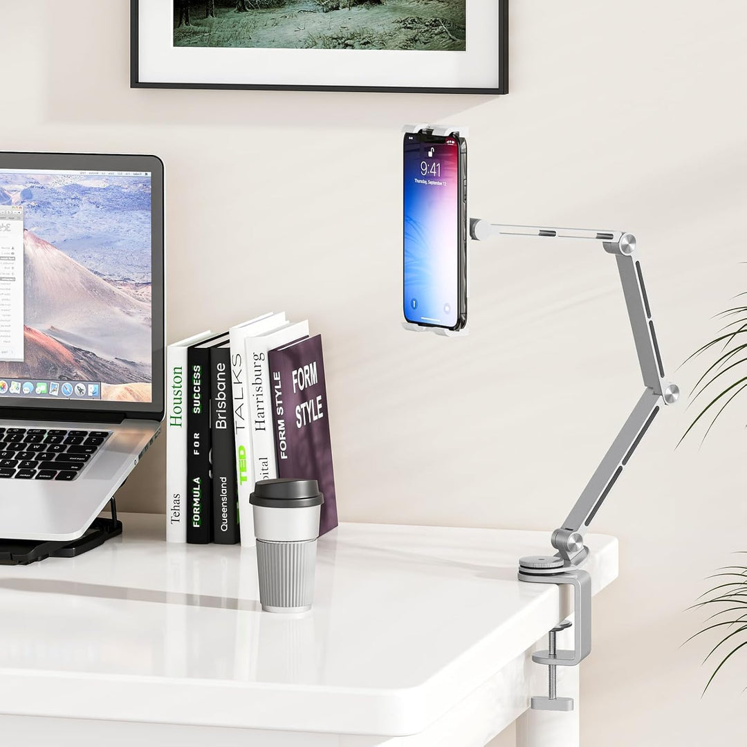 Heavy-duty aluminum tablet stand with full 360-degree rotation, stable and durable