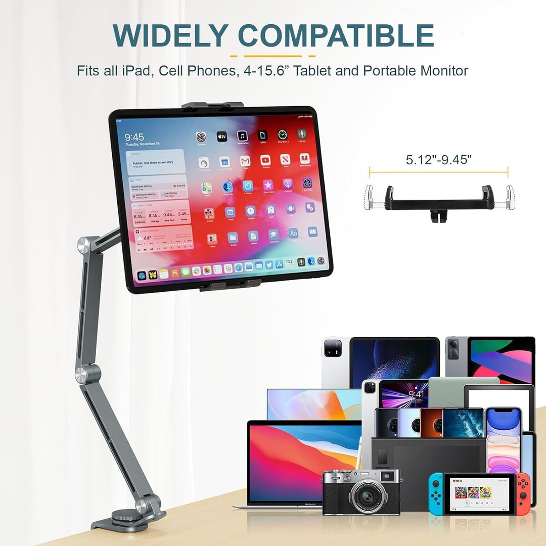 Compact Movaro tablet desk stand, aluminum construction, 360° rotating for optimal viewing