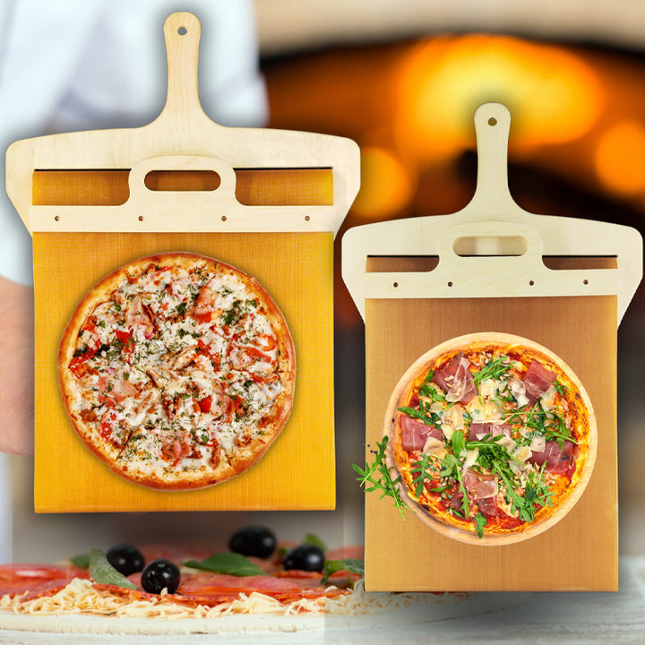Wooden pizza server with innovative sliding mechanism, ideal kitchen accessory for pizza lovers