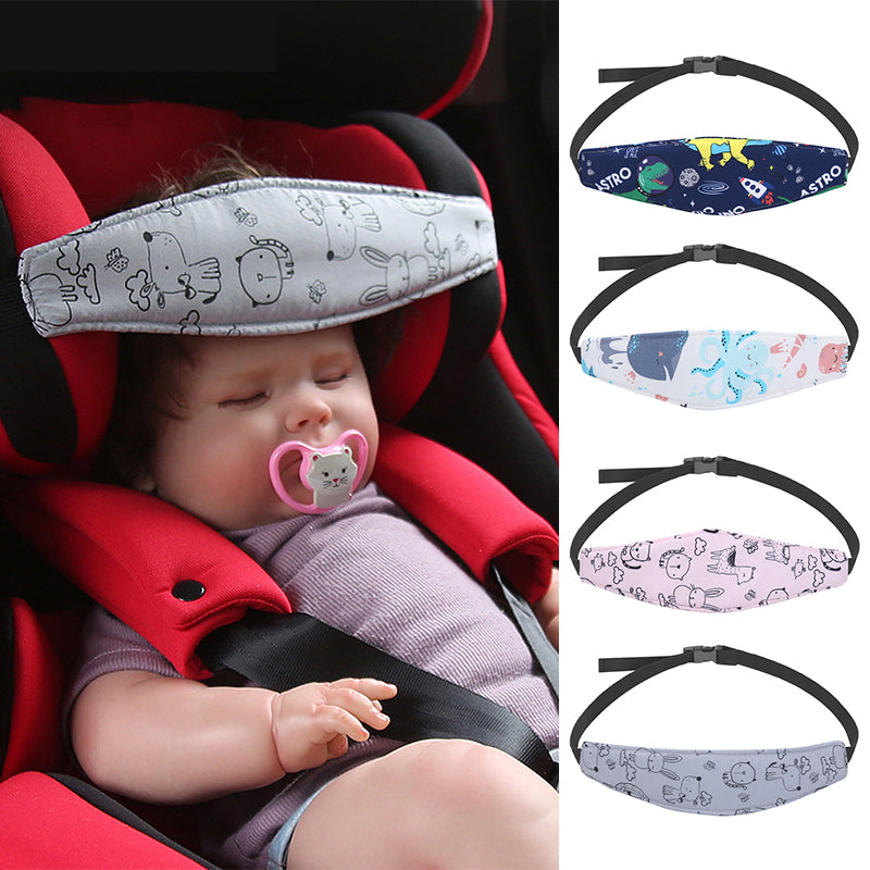 Baby comfort car seat head support. Soft, adjustable cushion for kids in a car seat, preventing head flopping during travel.