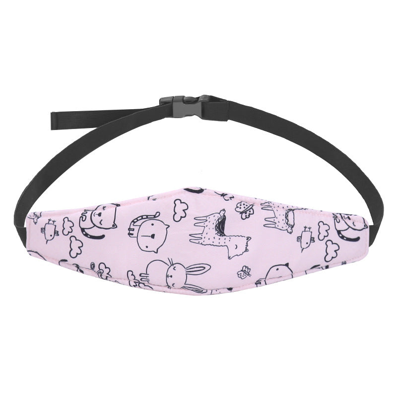 Kids' car seat headrest: black and grey adjustable neck support cushion demonstrating how it keeps a child's head secure.