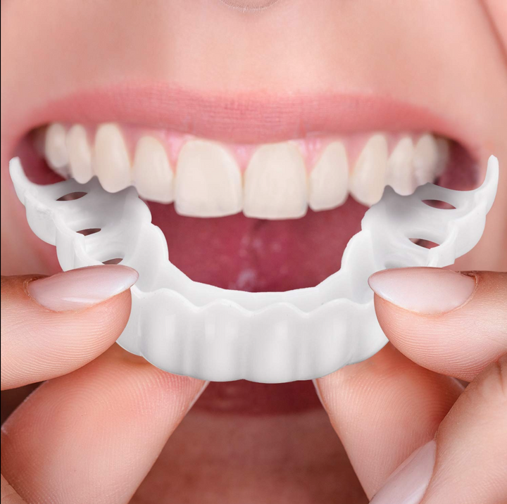 Get a perfect smile instantly with these adjustable snap-on cosmetic dentures. A great temporary dental solution.