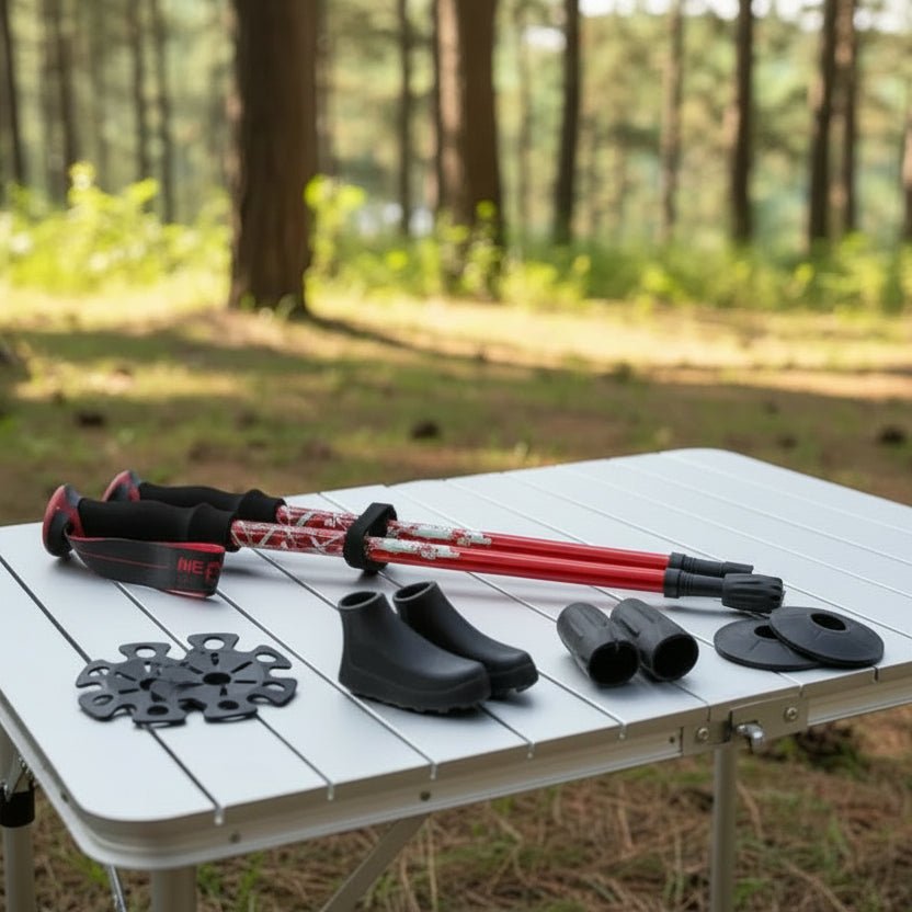 Adjustable foldable trekking poles for hiking, backpacking, and trail walking. Lightweight outdoor gear.