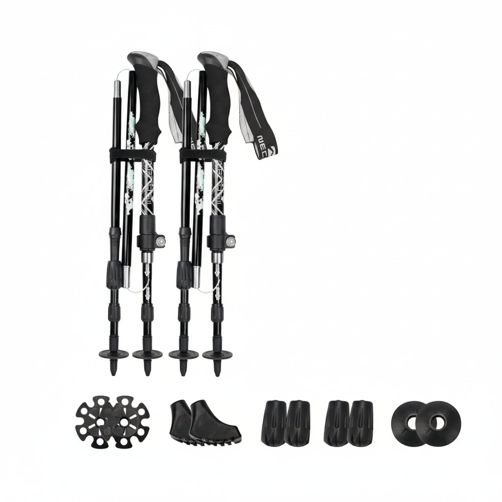 Collapsible trekking poles, easy to pack for lightweight backpacking and outdoor travel.