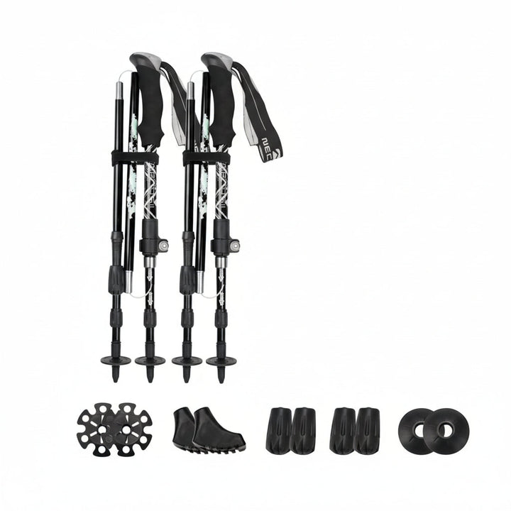 Collapsible trekking poles, easy to pack for lightweight backpacking and outdoor travel.