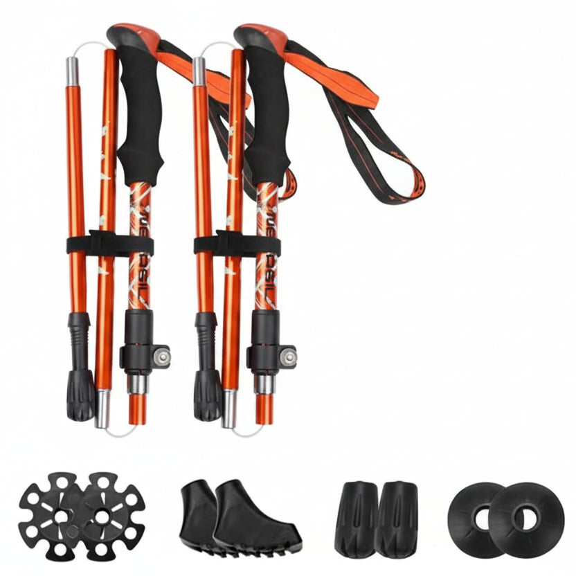 Essential outdoor adventure gear: Foldable trekking poles for stability & balance on trails.
