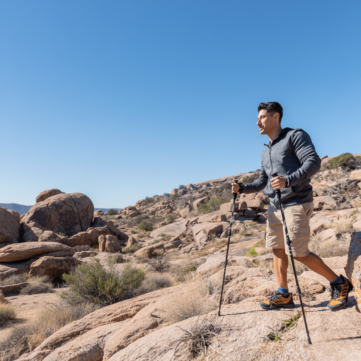 Portable hiking poles with ergonomic EVA handles & durable carbon tips. Ideal for outdoor use.