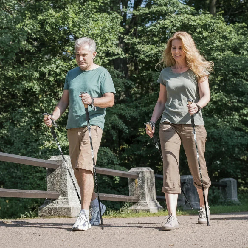Lightweight foldable hiking poles for comfortable outdoor adventures. Adjustable for all users.