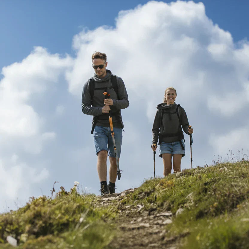 Ergonomic EVA handle adjustable trekking poles for long trail walks & serious backpacking.