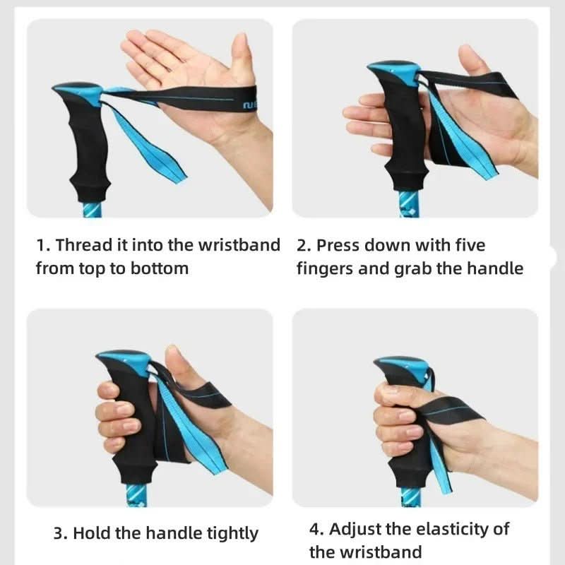 Compact foldable hiking poles with carbon tips, designed for rugged outdoor use and adventure.