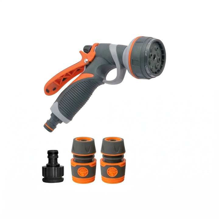 Close-up of an adjustable garden hose nozzle showing its versatile 8-pattern spray settings.