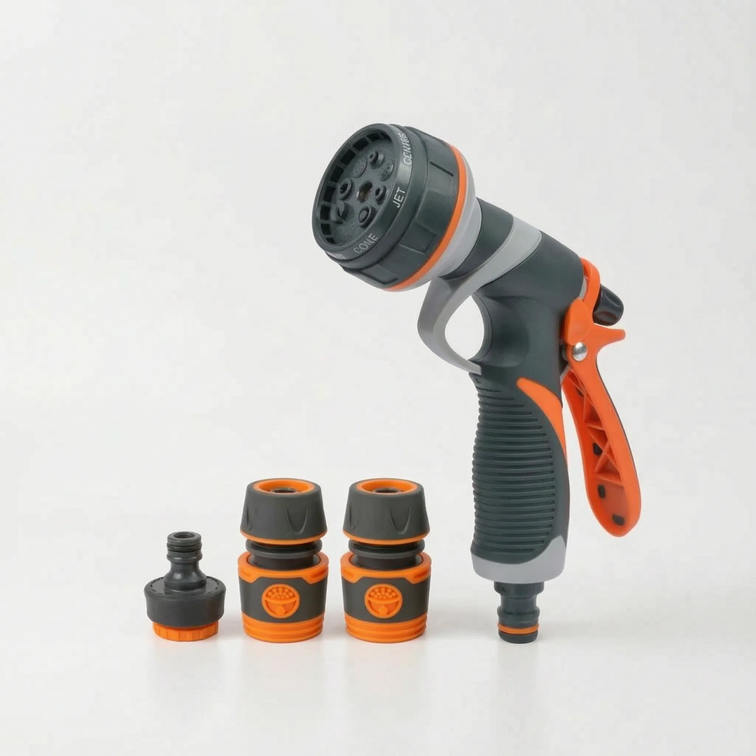 Hose spray nozzle for garden irrigation, car washing, & patio cleaning with easy pattern adjustment.