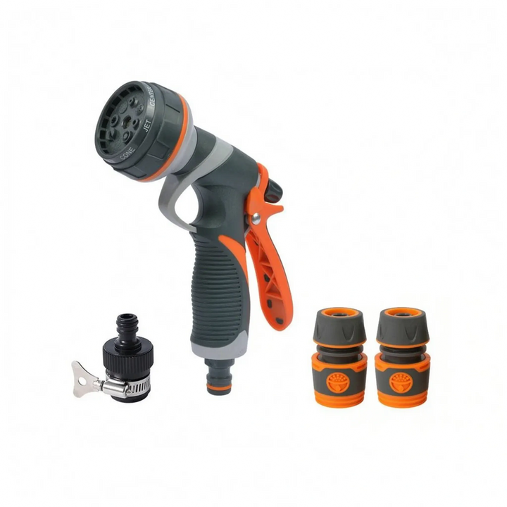 High-pressure garden nozzle, 8-pattern adjustable, perfect for watering plants and lawn care.