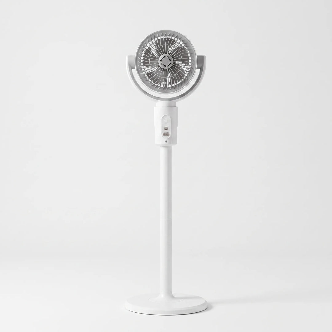 Versatile adjustable pedestal fan, functions as a desk fan or portable floor cooler for any room.