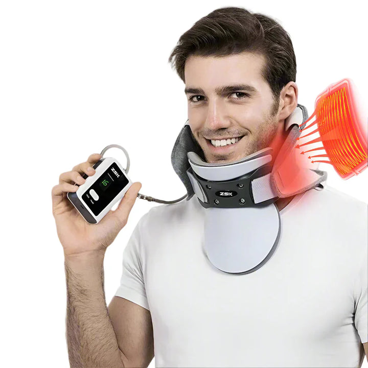 Adjustable inflatable neck traction device with red heat compress for cervical pain relief and posture correction