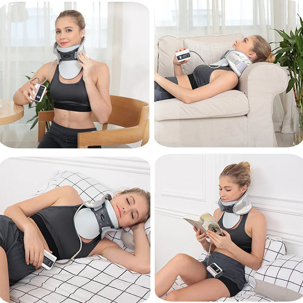 Close-up of adjustable inflatable neck traction device showing neck support and heat compress feature