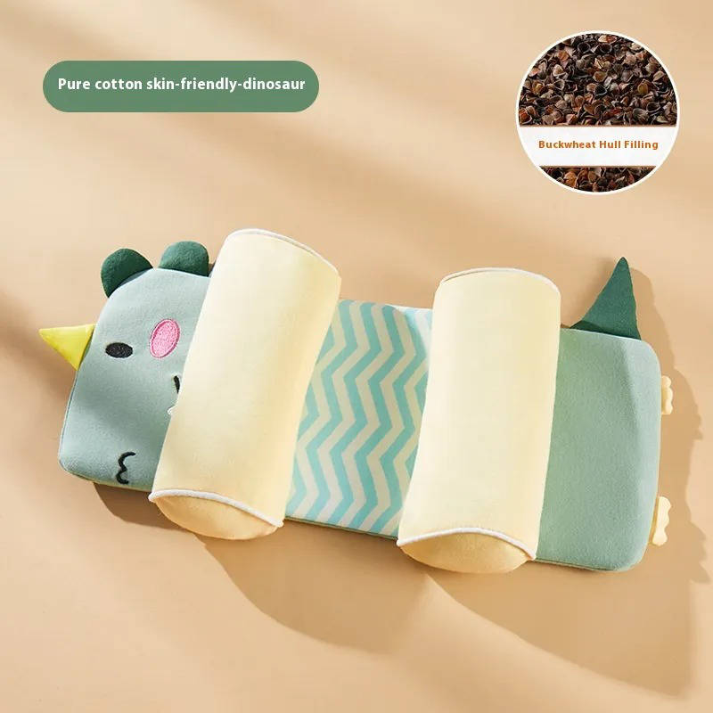 Infant adjustable pillow featuring a cute dinosaur design, perfect for flat head prevention & sleep.