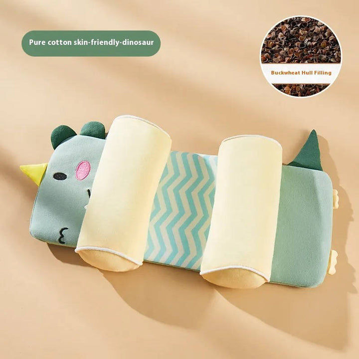 Infant adjustable pillow featuring a cute dinosaur design, perfect for flat head prevention & sleep.