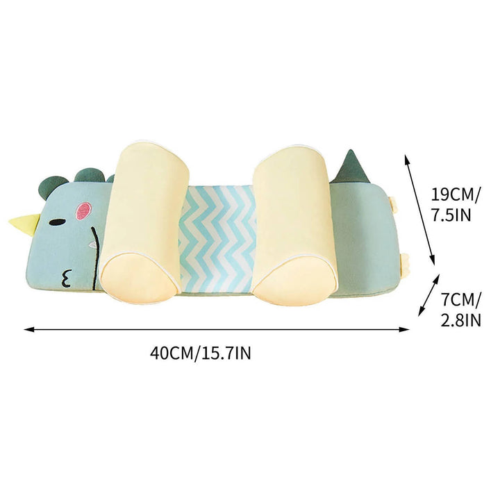 Dinosaur print baby head support pillow, designed for flat head prevention in newborns.