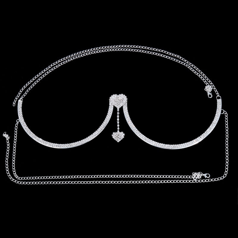 Sparkly adjustable rhinestone body chain, comfortable women's body jewelry chest pendant accessory.