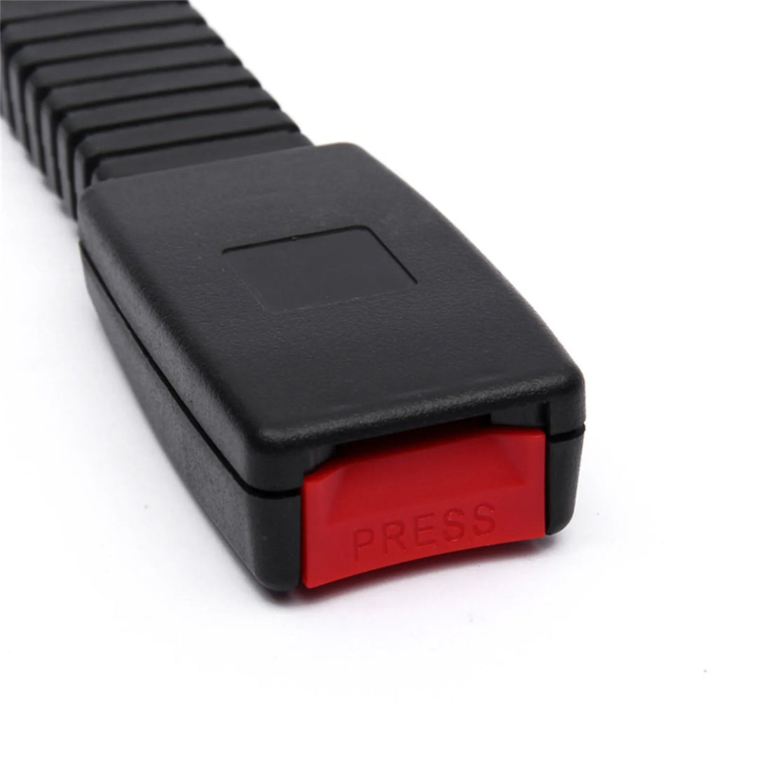 Safety belt extender, adjustable for cars. Provides extra length for comfort & easy buckling in any vehicle.