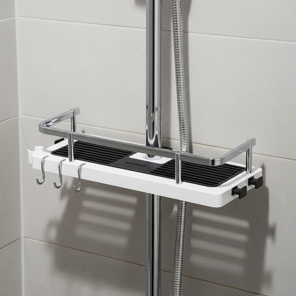 Adjustable shower caddy shelf for bathroom organization, no drill needed. Keeps toiletries neat and accessible.
