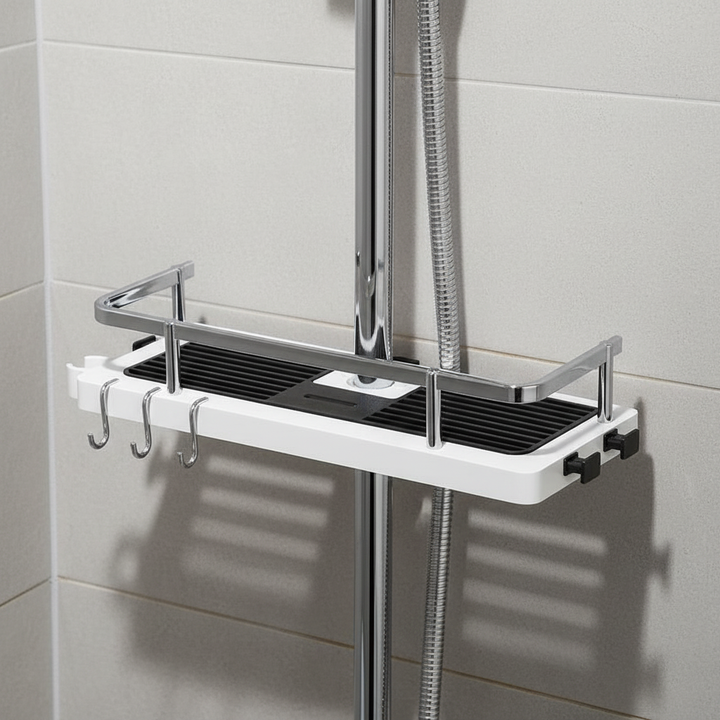 Adjustable shower caddy shelf for bathroom organization, no drill needed. Keeps toiletries neat and accessible.