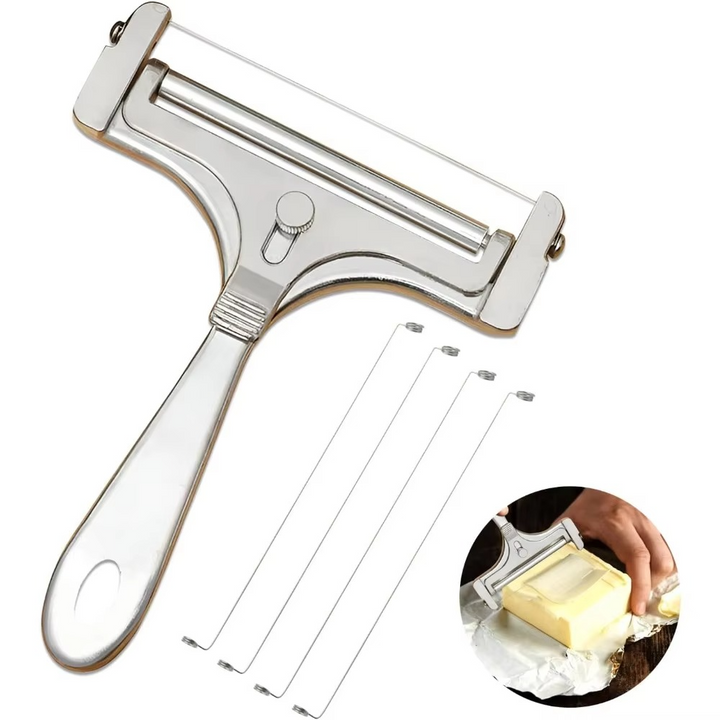 Adjustable stainless steel cheese slicer for easy, uniform slices of hard or soft cheese.
