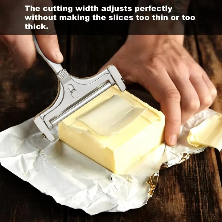 Durable stainless steel cheese slicer with adjustable wire for precise, even slices. Perfect for kitchens.