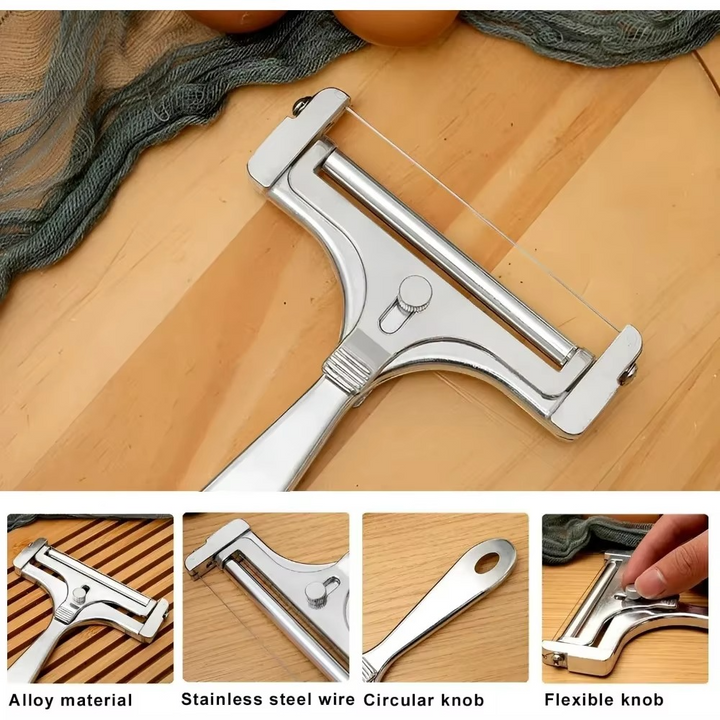 Elegant stainless steel cheese slicer, ideal for serving and creating uniform slices of cheese or butter.