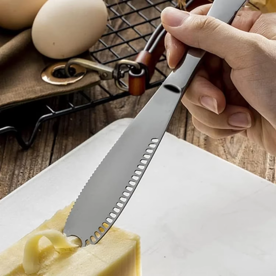 Precision adjustable stainless steel cheese slicer, perfect for elegant serving and uniform culinary slices.