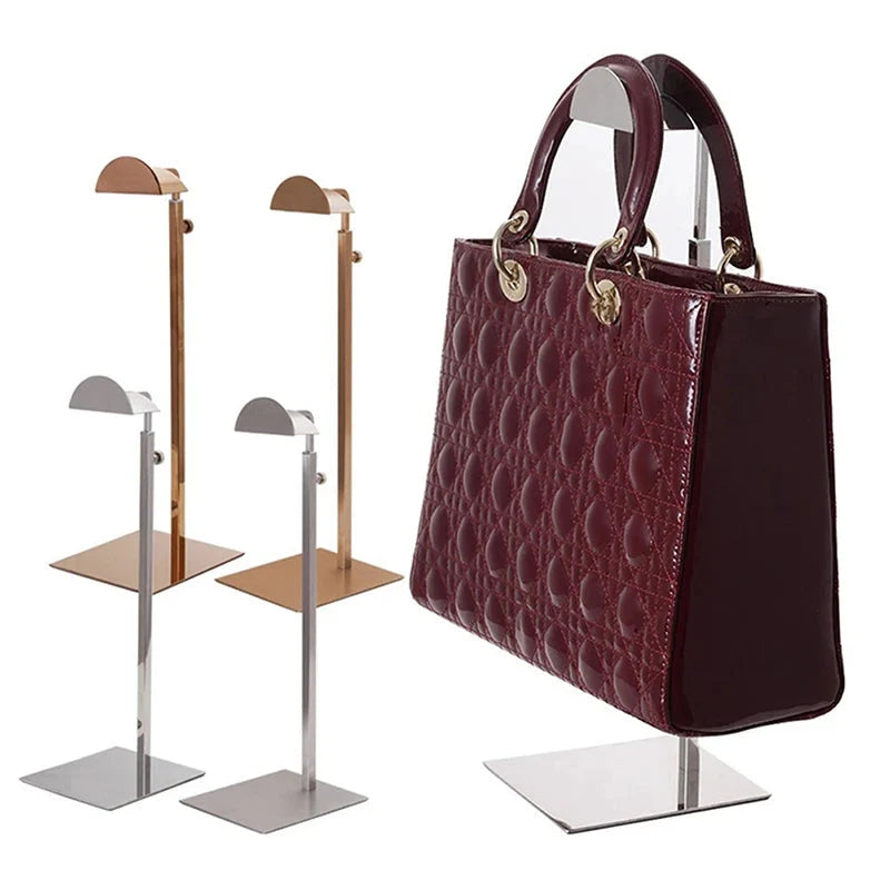 Durable adjustable purse display stand, versatile accessory holder for home organization or retail display needs.
