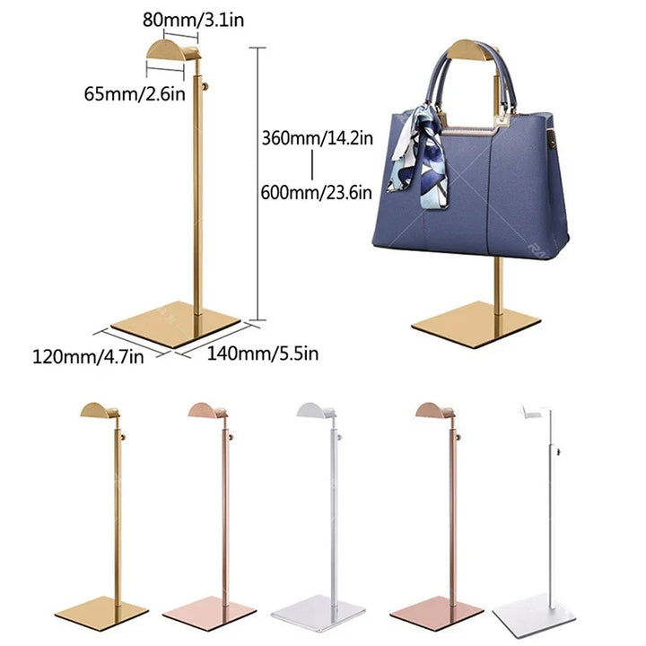 Sleek adjustable handbag stand for elegant home decor or stylish retail purse display & organization.