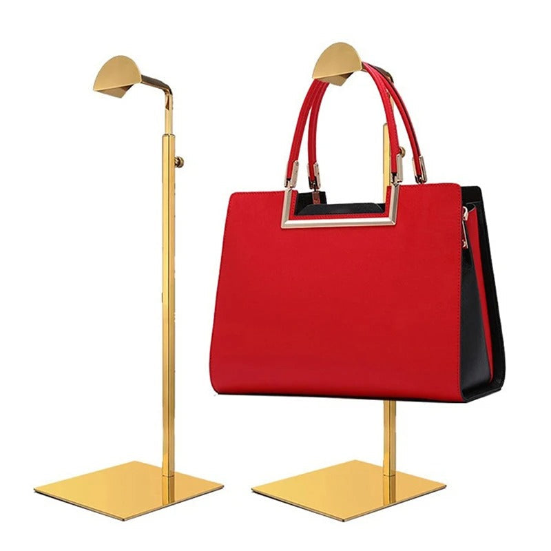 Luxury adjustable handbag display stand, a premium retail fixture for showcasing high-end purses & bags.