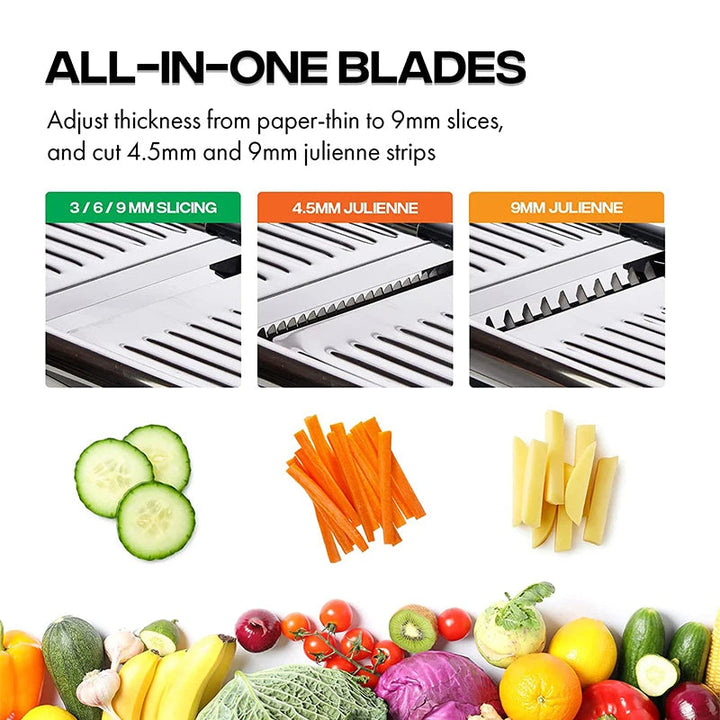 Durable stainless steel mandoline slicer with a safety handguard, perfect for efficient food prep.
