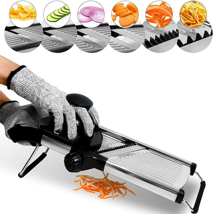 Modern kitchen gadget: Stainless steel mandoline slicer with non-slip base for stable, easy slicing.