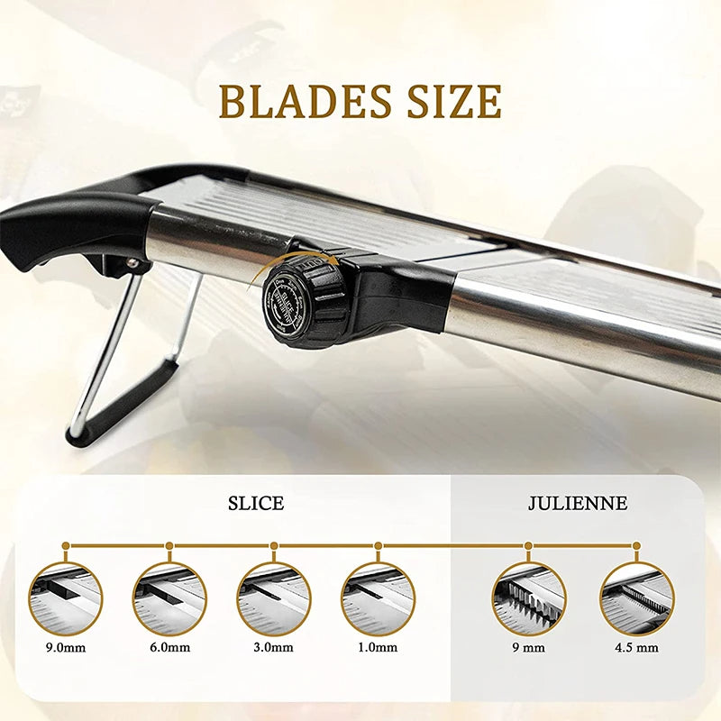 Adjustable mandoline slicer, an essential stainless steel kitchen tool for quick and safe food preparation.