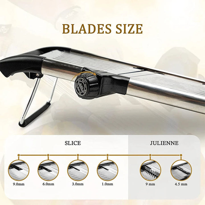 Adjustable mandoline slicer, an essential stainless steel kitchen tool for quick and safe food preparation.