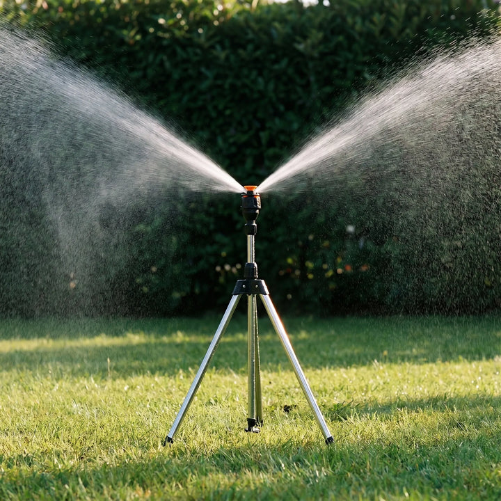 Adjustable telescoping tripod sprinkler for large lawn & garden irrigation. Rotary stainless steel head for even watering.