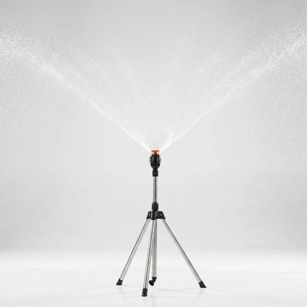 Durable outdoor tripod sprinkler, telescoping for optimal height, providing wide-area lawn & garden watering.