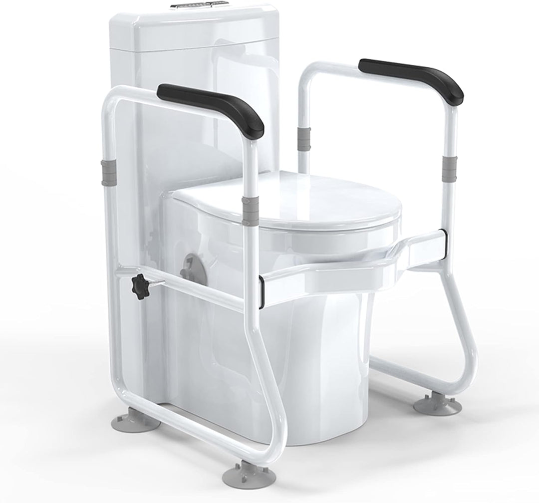 Adjustable toilet safety frame with padded support rails for elderly fall prevention