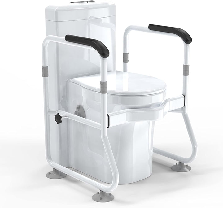 Adjustable toilet safety frame with padded support rails for elderly fall prevention
