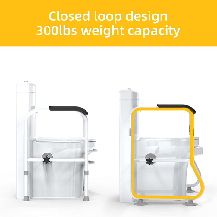 White adjustable toilet safety frame with non-slip legs, offering disability support